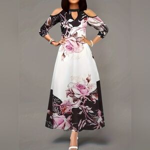 Chic Plus Size Floral Cutout Cold Shoulder Midi Dress